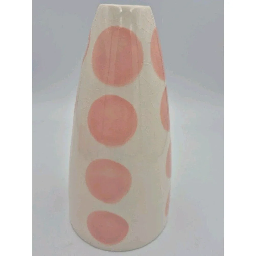Russ Berrie Pink & White Polka Dot Vase w/ Tulip Cut Out 8 3/8